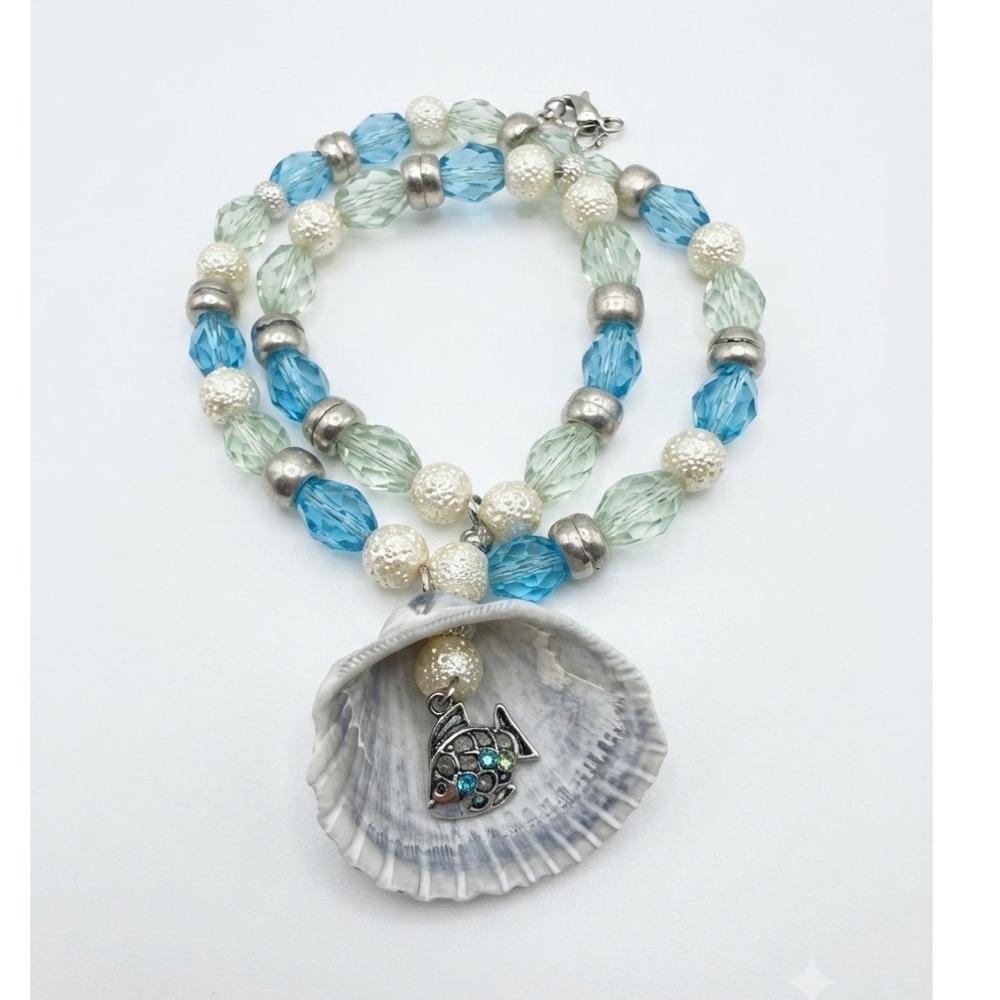 Mermaidcore Blue Green Glass Bead Seashell Necklace Hidden Rhinestone Fish Charm